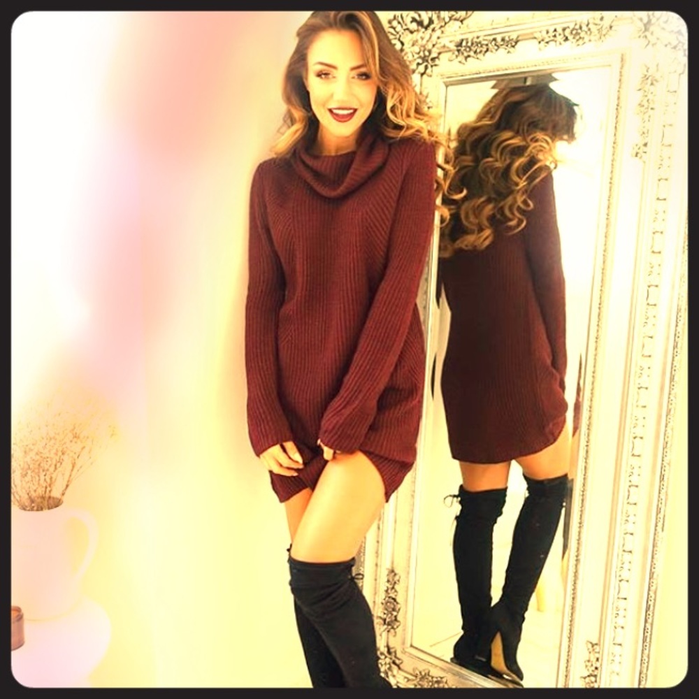 Red Sweater Dress Cowl Neck Turtleneck Winter